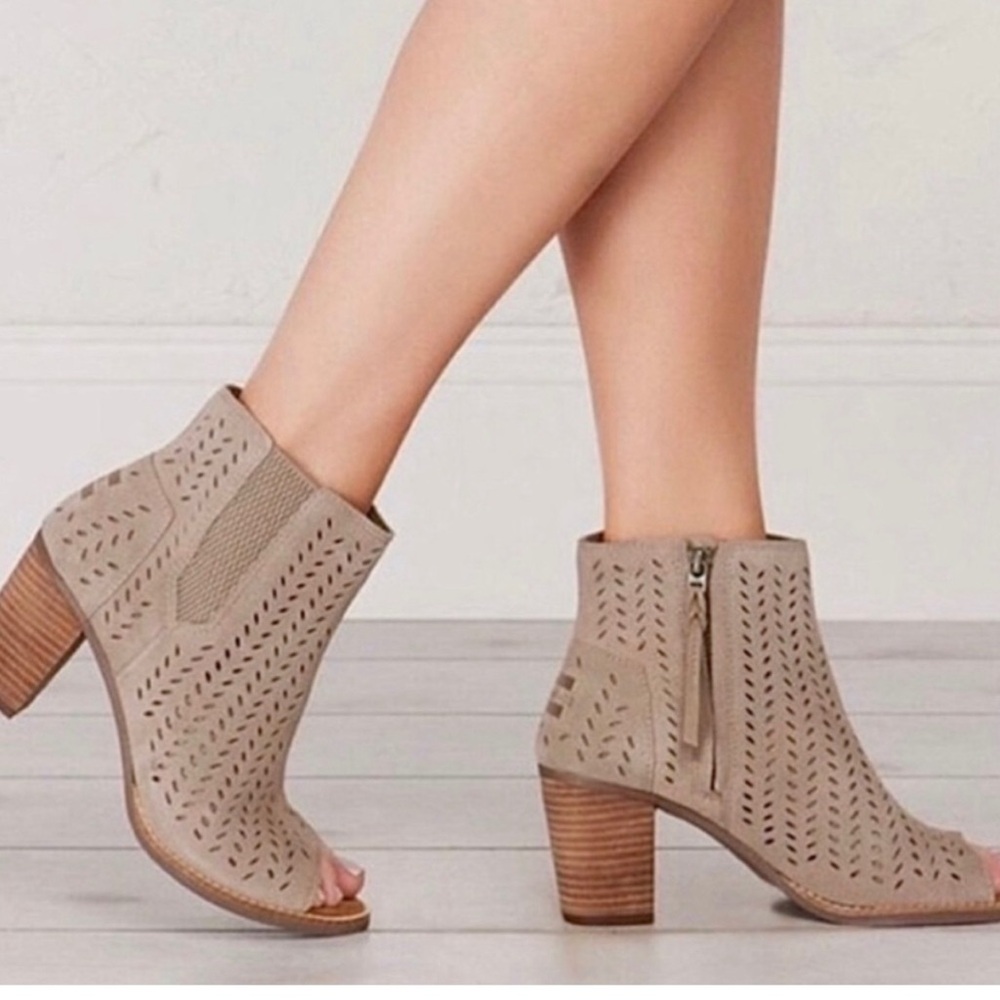 TOMS Majorca peep toe suede ankle laser cut bootie